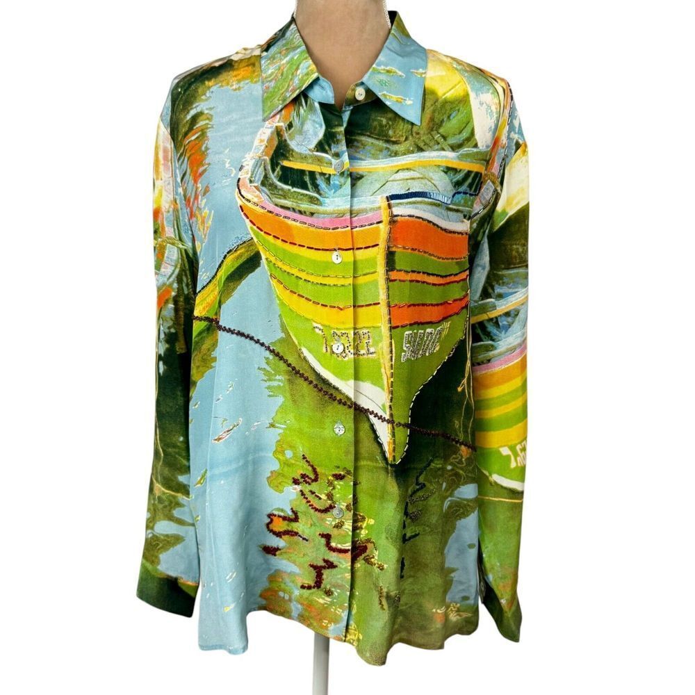 Nicole Taylor Women's Silk Top Sailboat Nautical Multicolor Art To Wear Sz M